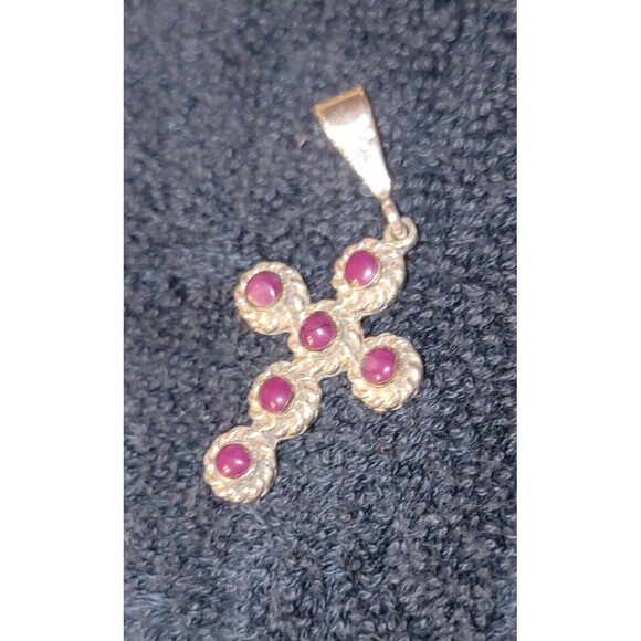 Fine Sterling Silver Taxco Artisan craft Cross Pendant w/ 6 purple Sugilite VTG - Picture 5 of 16